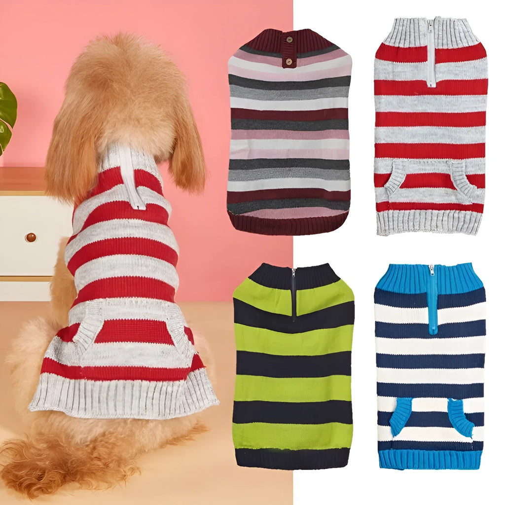 Small medium dog sweater with horizontal zipper and button pocket in contrast colours