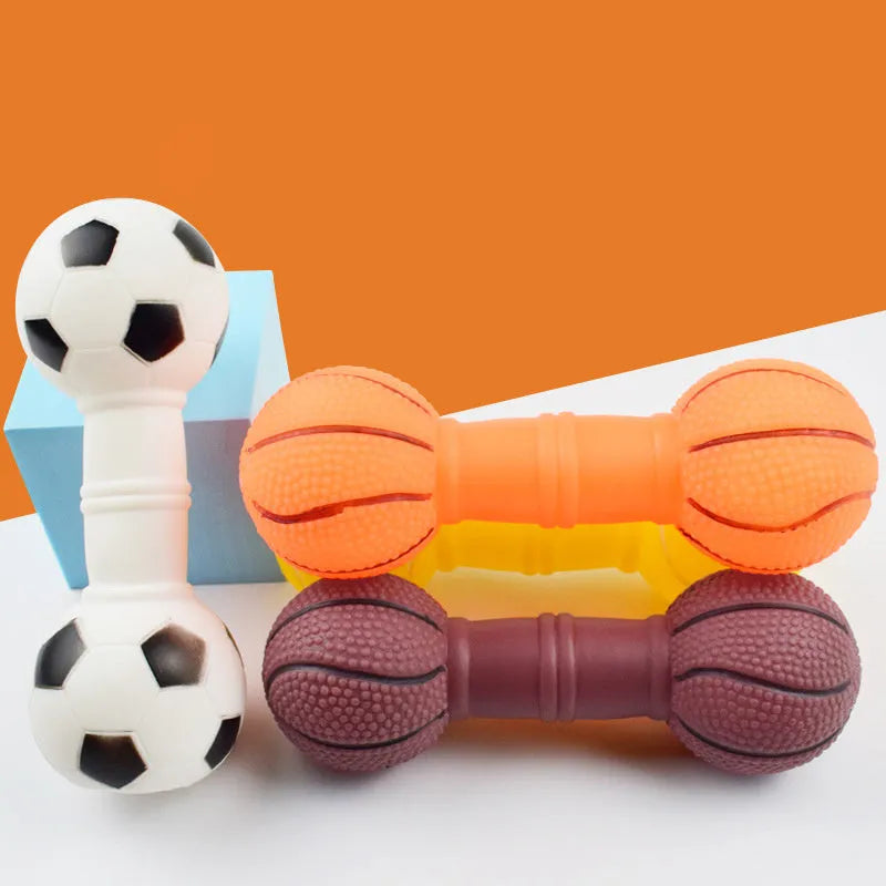 Colourful football and dumbbell shaped PVC squeaky dog chew toy