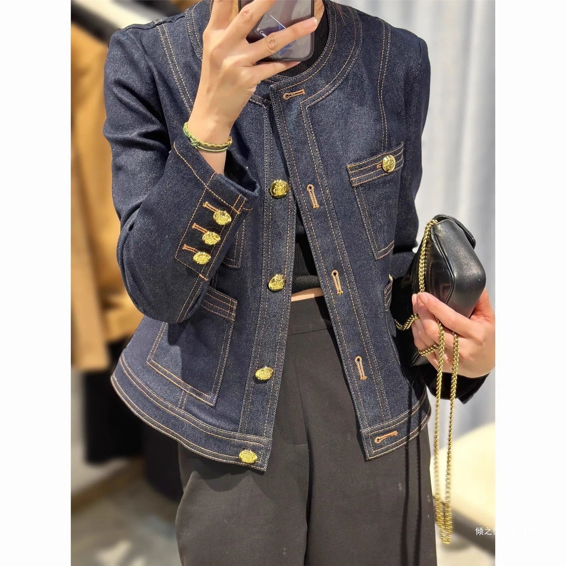 Dark blue sleeveless denim short coat for women in chenille fabric with spandex stretch, early autumn style