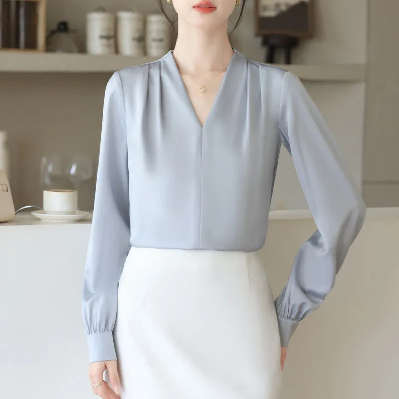 Women's slim fit long sleeve satin shirt in blue colour with 3D stitching detail