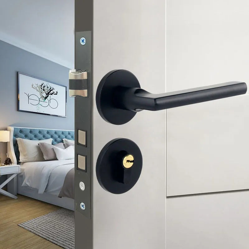Aluminium alloy indoor split magnetic door lock handle for timber doors in black finish.