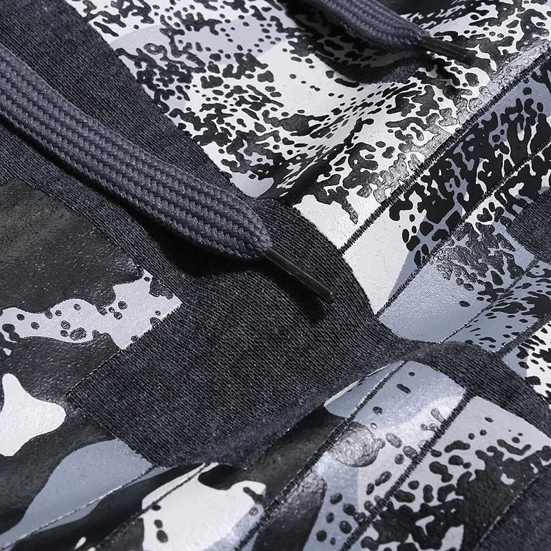 Mens long sleeve camouflage print hooded sweatshirt in polyester fibre, black colour, front view