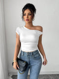 Women's white polyester slim fit top with oblique shoulder neckline and raglan sleeves