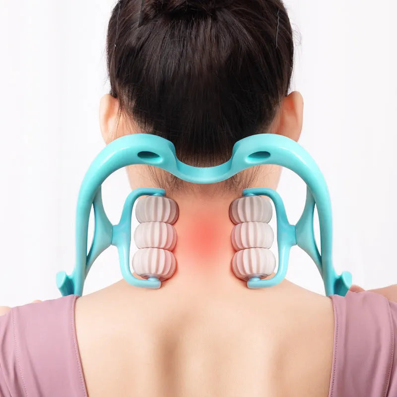 Blue plastic six-wheel neck and shoulder massager with adjustable arms on a white background.
