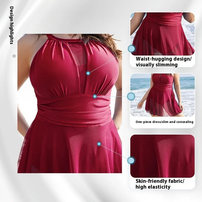 Black and red women's lace one-piece swimsuit on a mannequin, showing round neck and sizing up to 5XL.