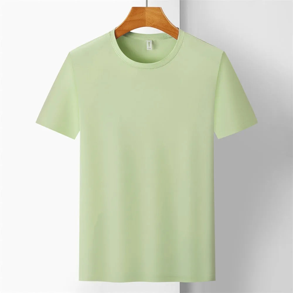Ice Silk quick-dry antibacterial anti-UV slim-fit T-shirt in solid colours on a hanger.