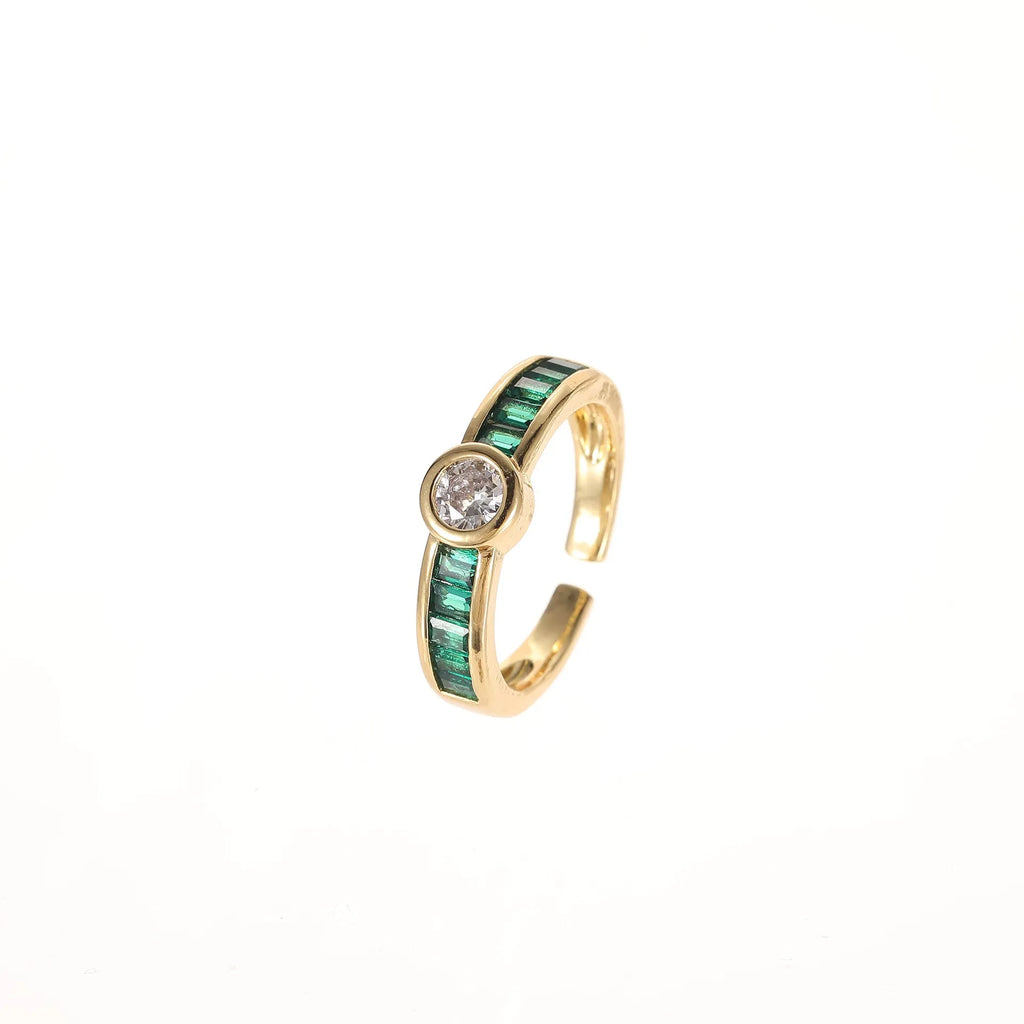 Green heart shape open mouth ring with micro inlaid emerald zircon and diamond accent for women