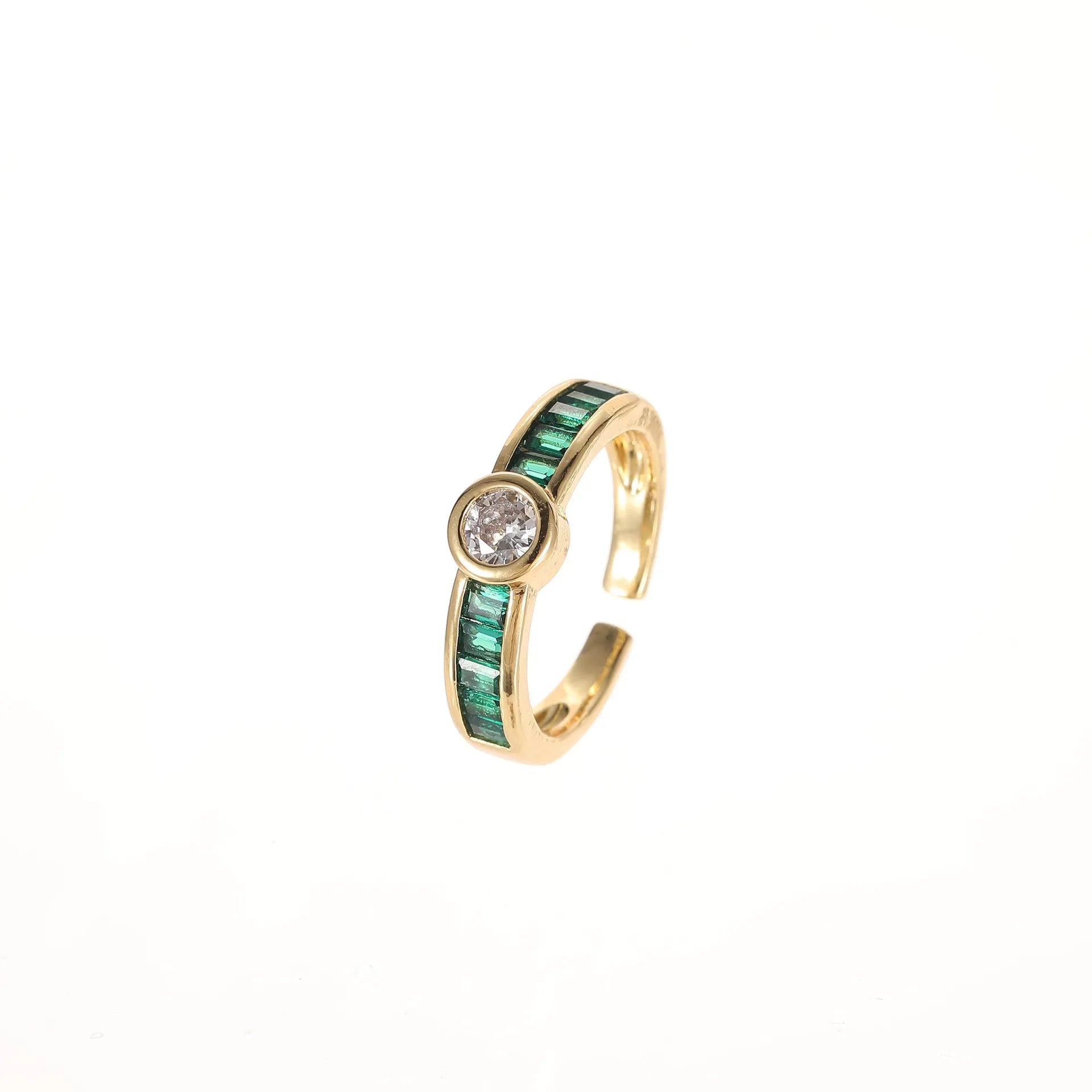 Green heart shape open mouth ring with micro inlaid emerald zircon and diamond accent for women