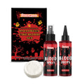 Three-piece washable fake blood kit with 50ml drops, 50ml spray, and 15g soap for special effects makeup.