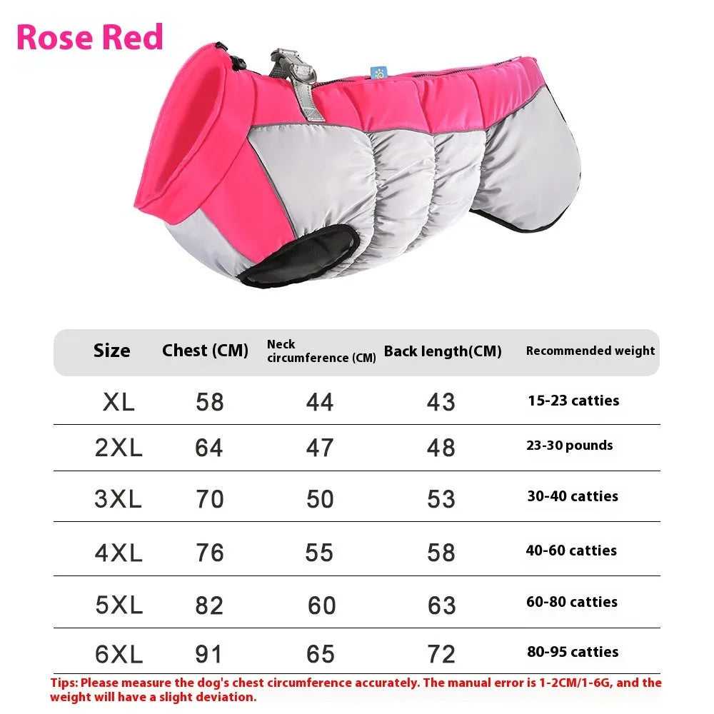 Large dog wearing a waterproof winter coat with reflective strips and polar fleece lining