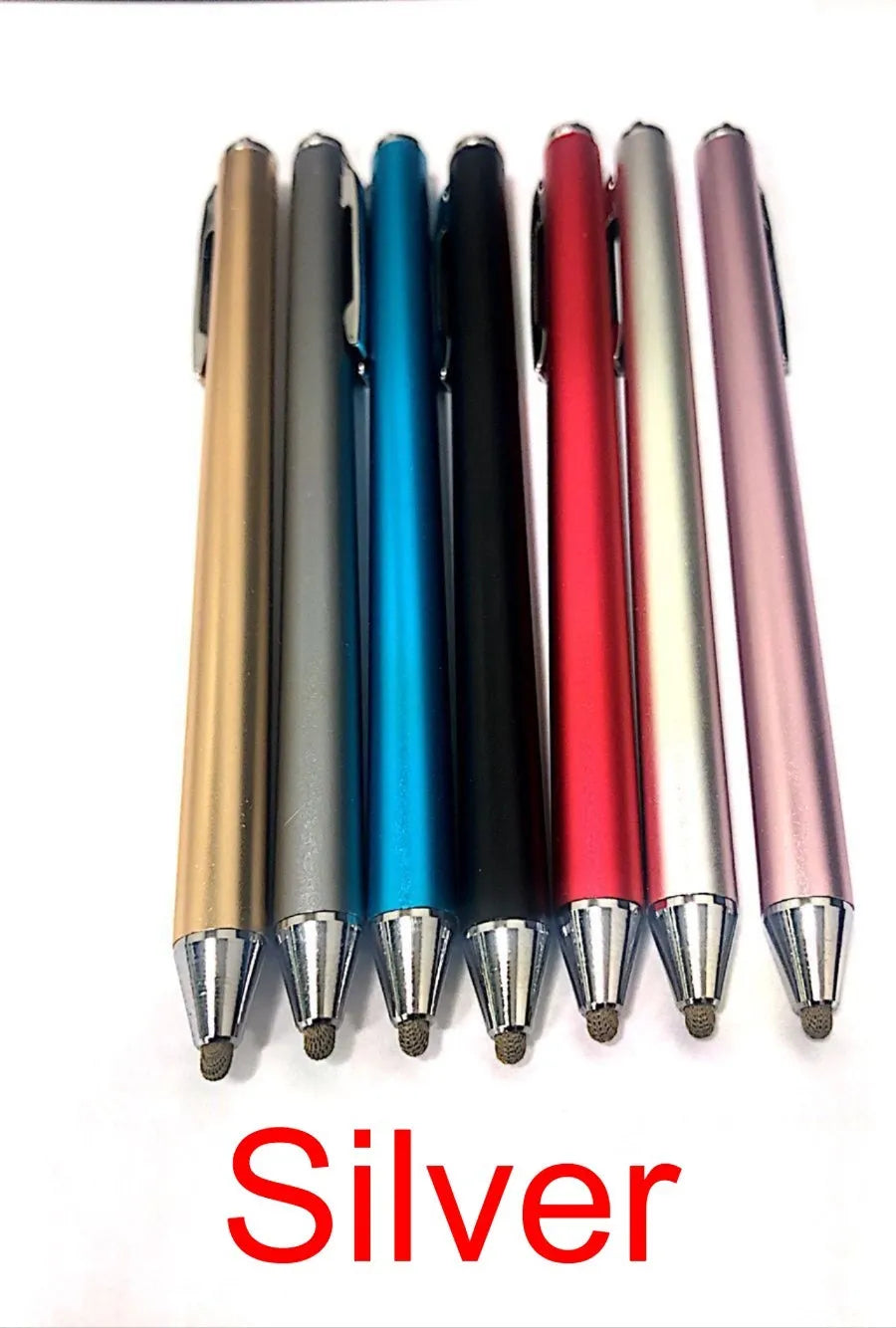 Metal capacitive stylus pen in seven colour options: black, silver, red, sky blue, gold, pink, and grey.