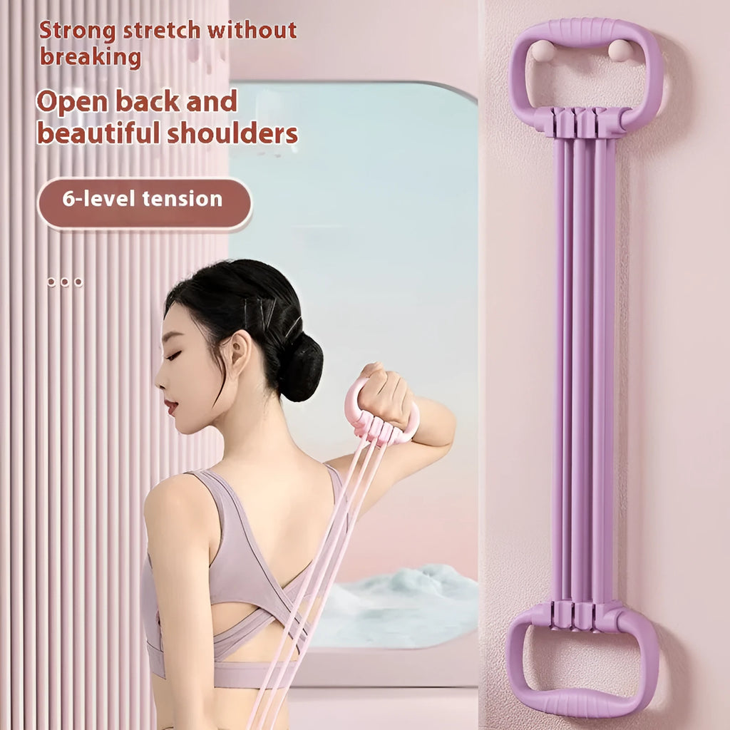 Women's adjustable chest expander with TPE tensile rope in blue, pink, or purple colours showing six resistance gears