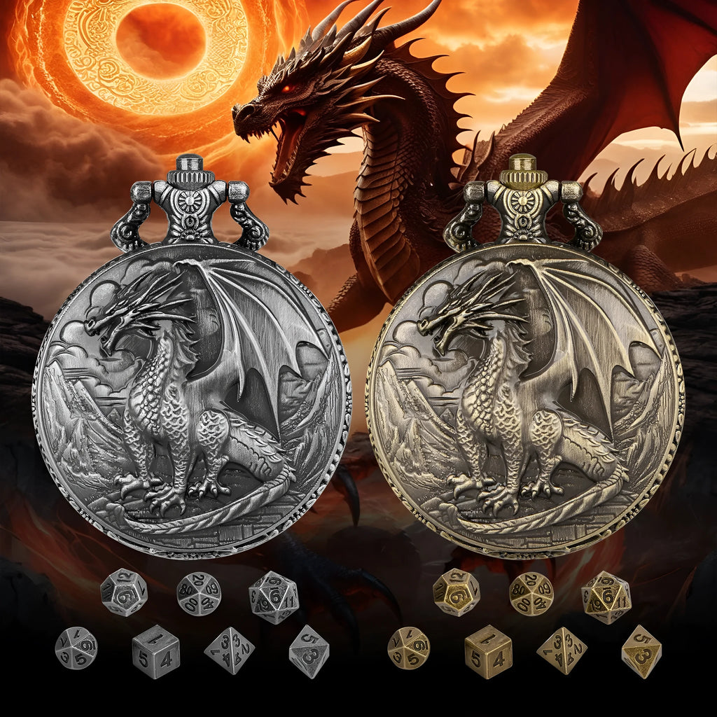 Bronze dice set with 3D carved pocket watch showing seven polyhedral metal dice inside zinc alloy case