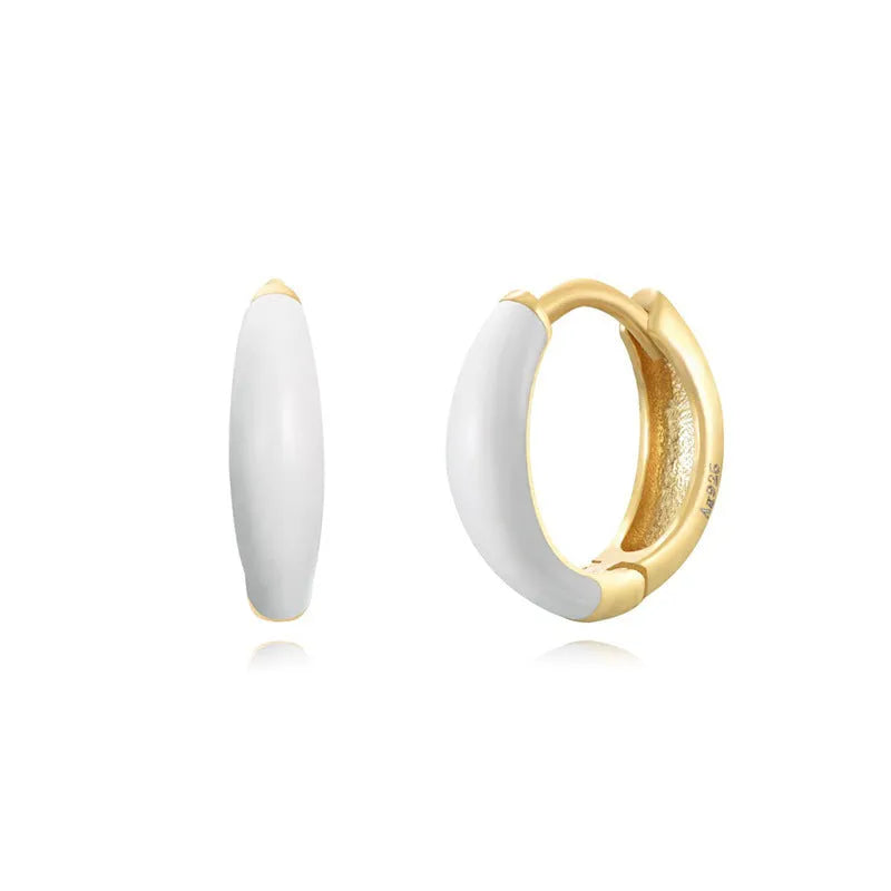 Oval-shaped curved drop earrings with colourful epoxy resin drip finish and silver metal pin.