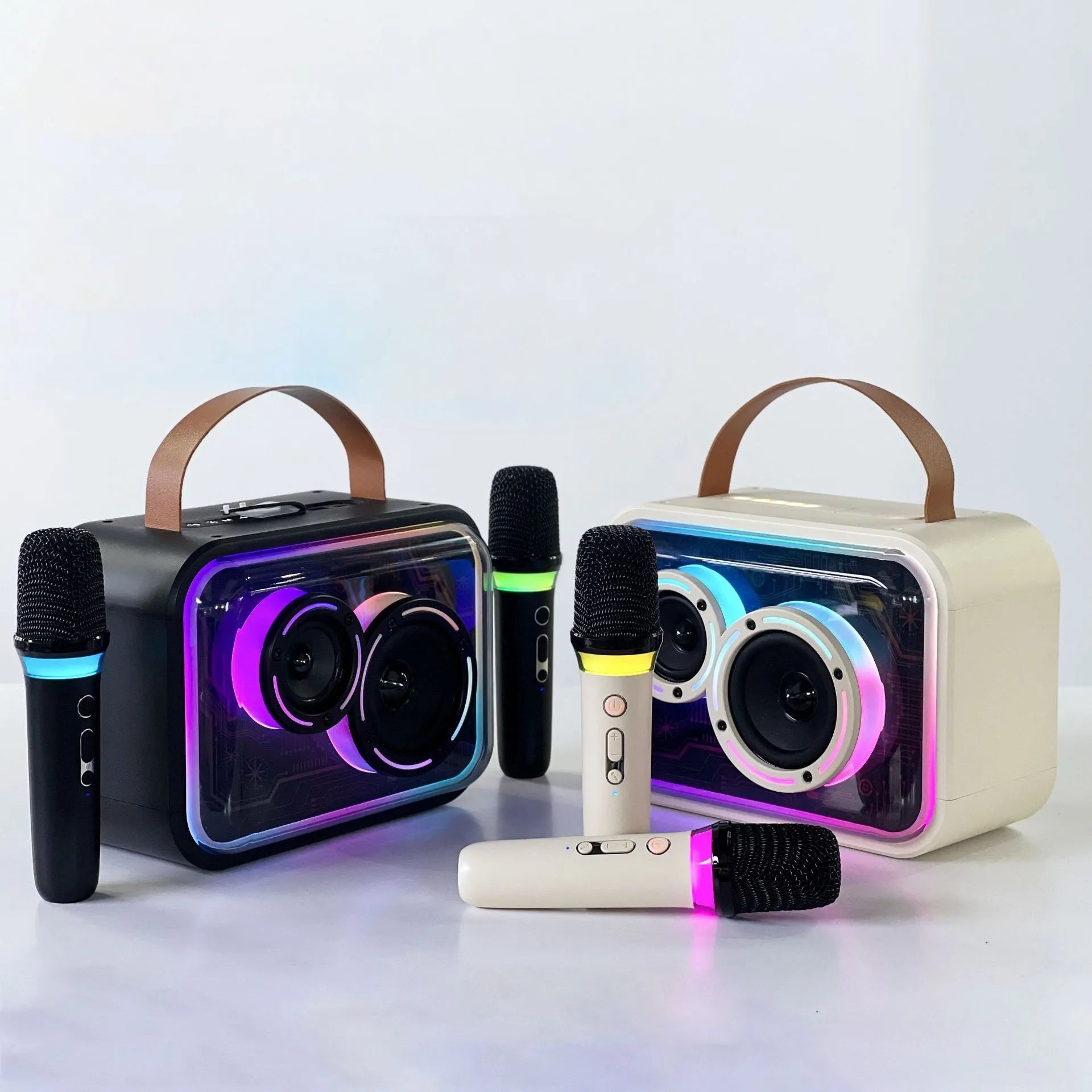 Light yellow and black Bluetooth karaoke speaker with RGB lighting and microphone options