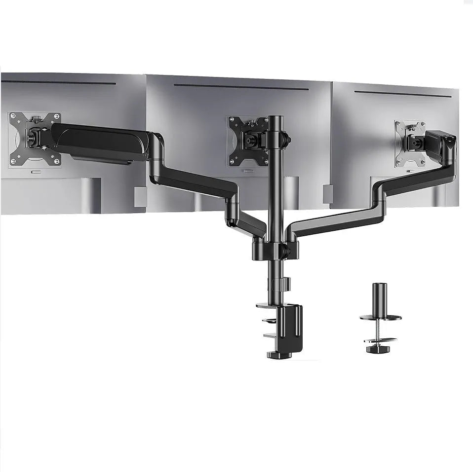 Black three-arm gas spring monitor mount for 13 to 27 inch computer screens