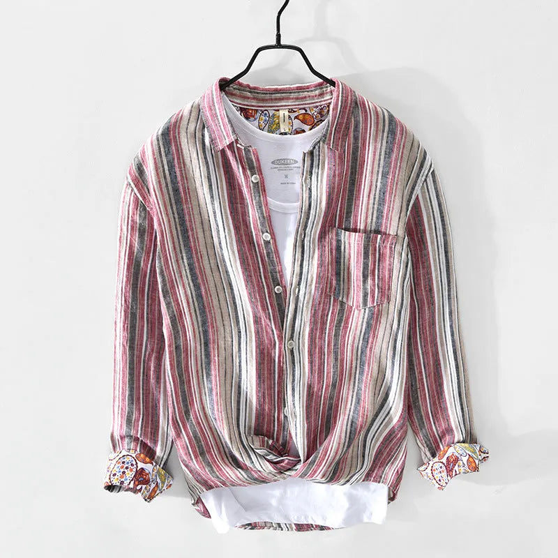 Men's casual linen striped shirt in grey, long sleeves, loose fit for spring summer