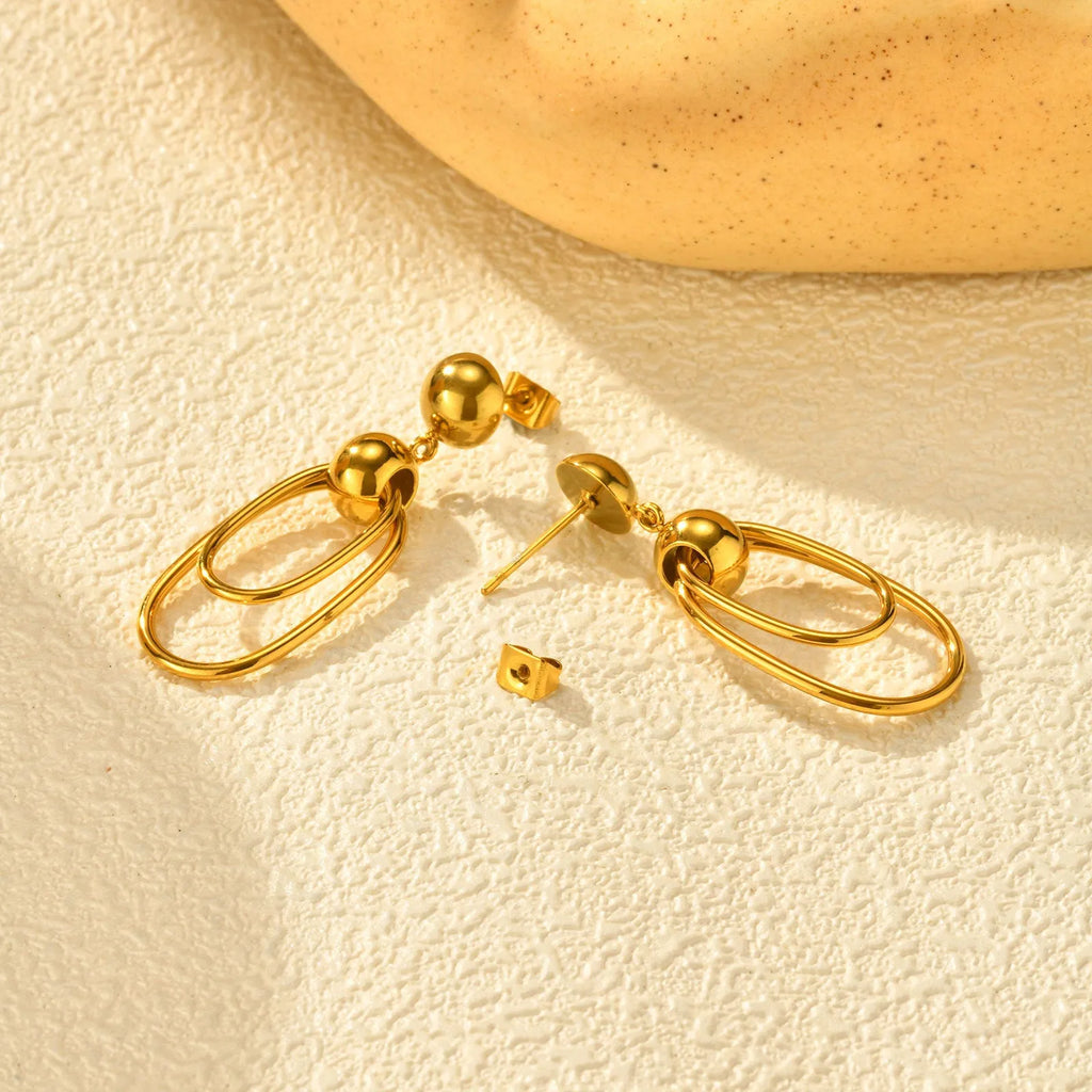 Women's gold stainless steel vintage oval coil round bead earrings pair