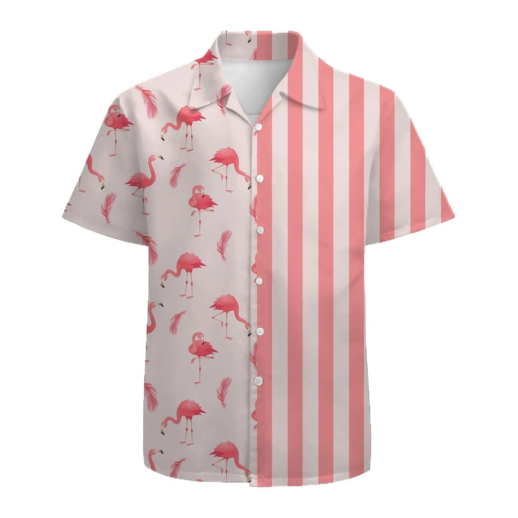Men's striped summer shirt with stand collar and short sleeves in loose cardigan style