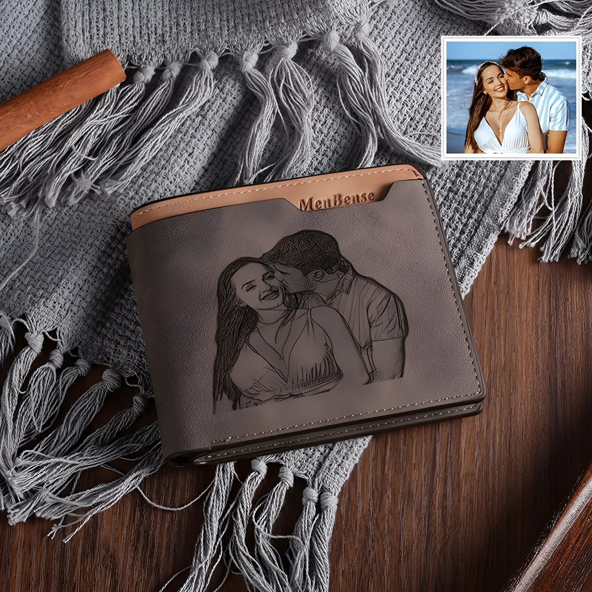 Coffee brown engraved horizontal short wallet showing photo personalisation feature