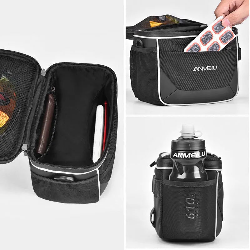 Black 7-inch bicycle handlebar storage bag mounted on bike handlebars
