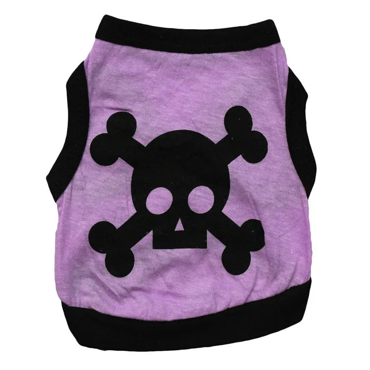 Dog wearing blue Halloween vest with skull bones pattern, stretch cotton pet costume