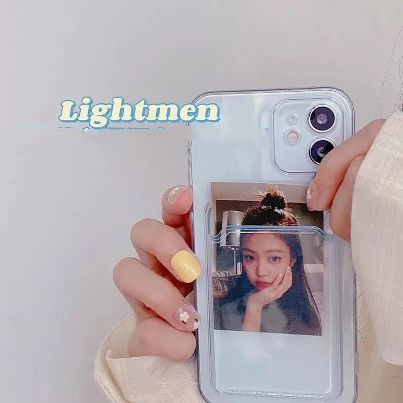 Clear transparent PVC phone case for iPhone with a visible card slot on the back.
