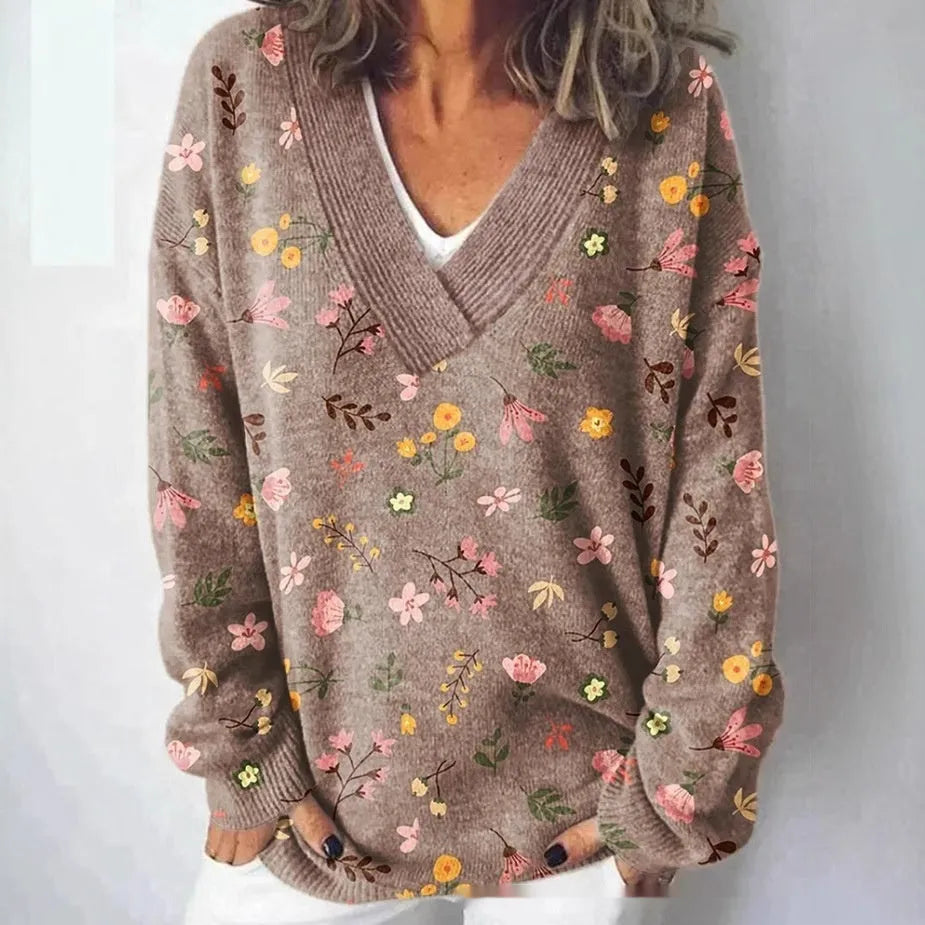 Women's floral pattern printed V-neck sweatshirt with 3D effect and long sleeves in colour E073