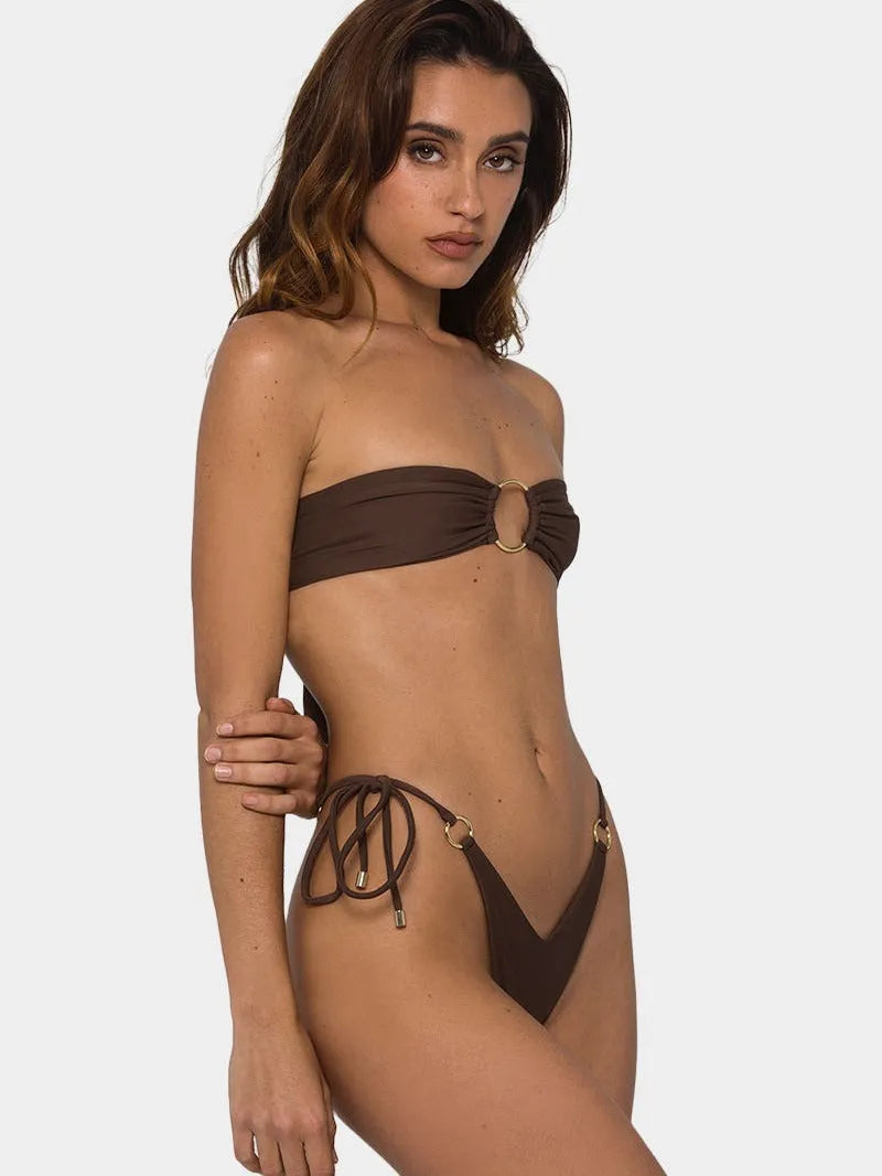 Brown tube-top push-up bikini swimsuit with ring detailing and split hem.