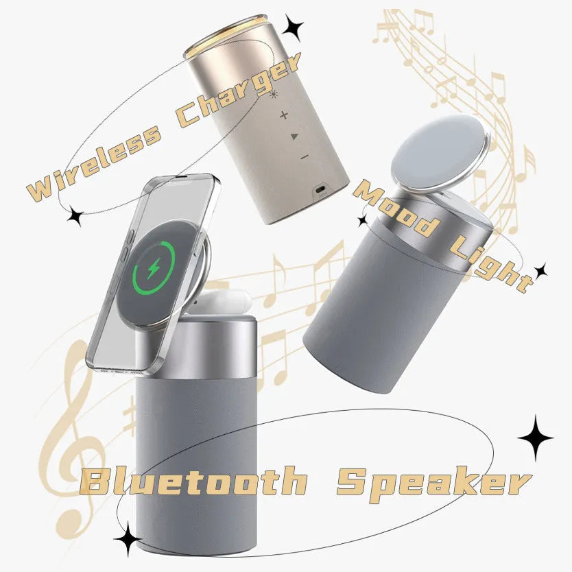 3-in-1 multi-function wireless charger Bluetooth speaker with touch lamp and phone holder for iPhone and AirPods in Gold