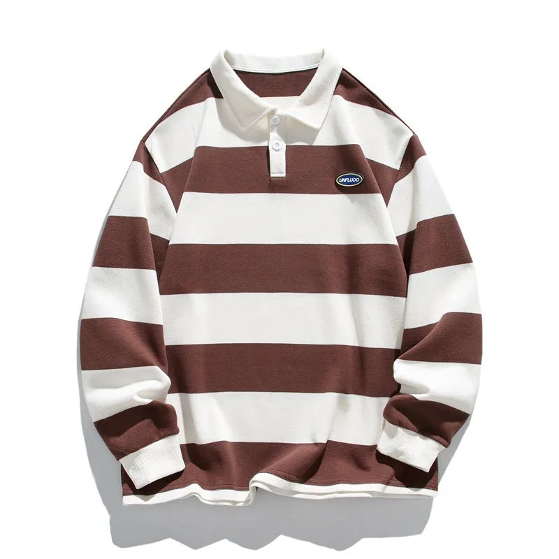 Striped Hong Kong style lapel polo shirt in pearl cotton knit with loose fit long sleeves
