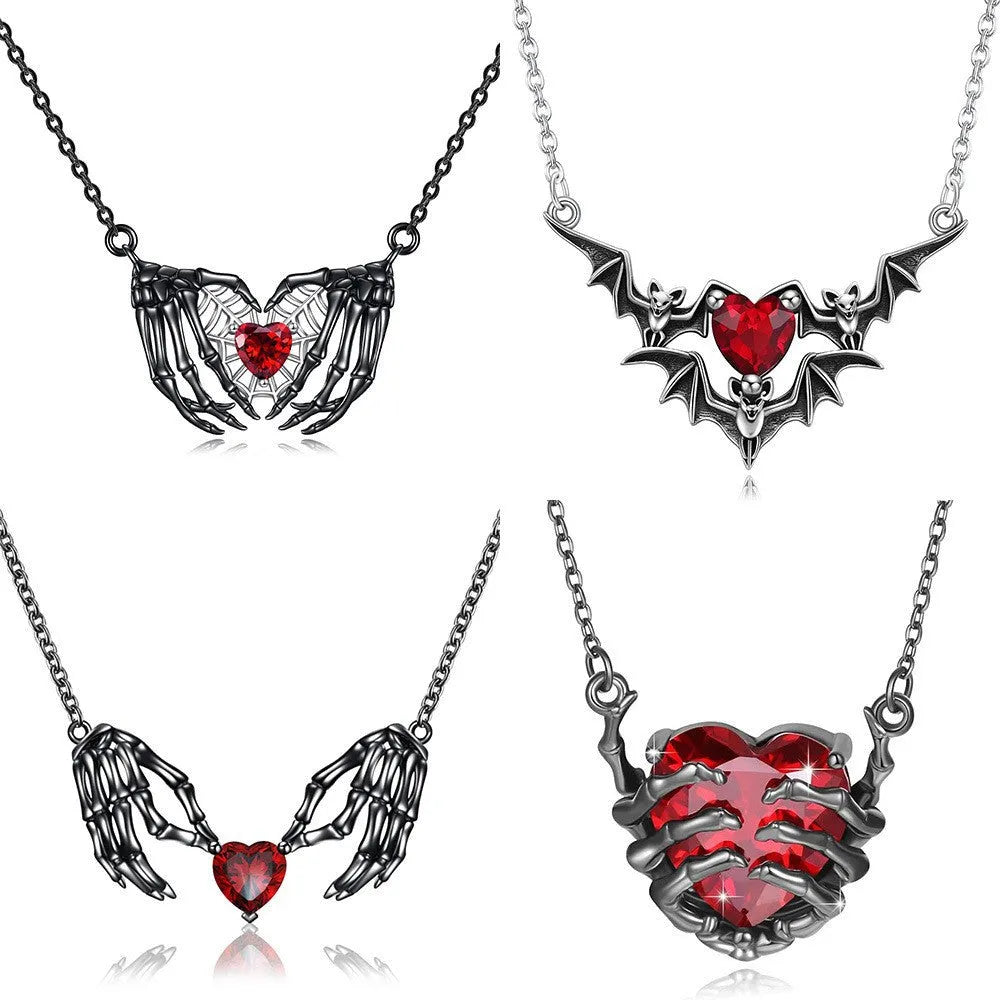 Dark red love ghost claw heart-shaped copper pendant necklace on adjustable O-ring chain