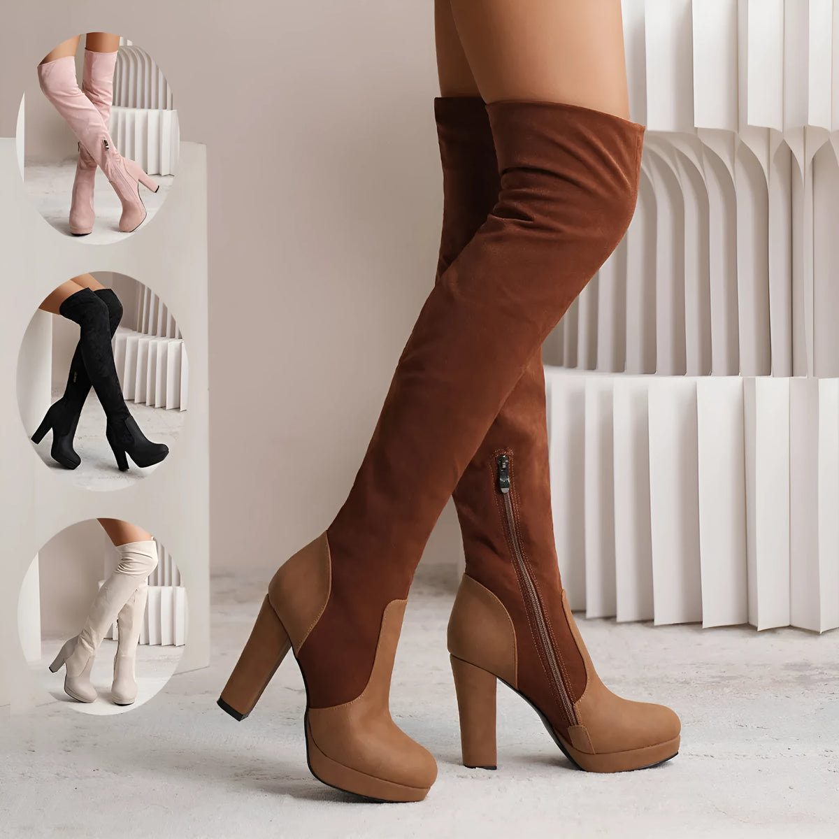 Black suede over-the-knee boots with a high square heel and round toe
