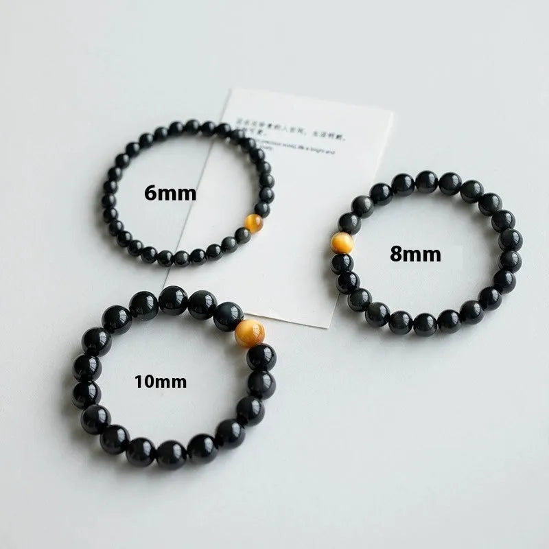 Black obsidian stone bracelet with geometric beads in Korean style design
