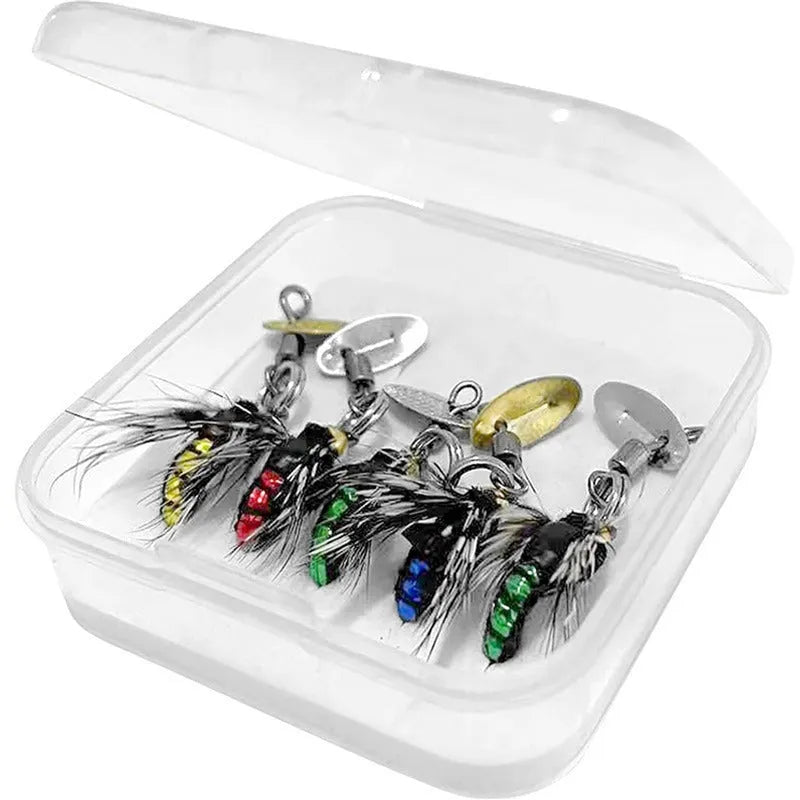 Five bionic mosquito fishing hooks with spinning sequins in multicoloured poisonous patterns