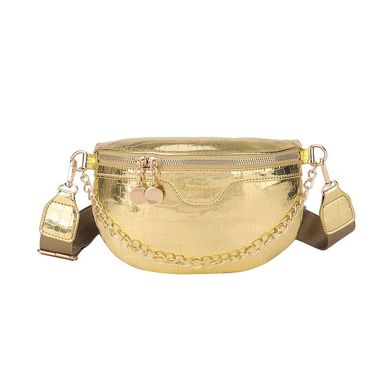 Shiny PU leather chest bag with WesternWide shoulder strap and chain detail, available in multiple colours