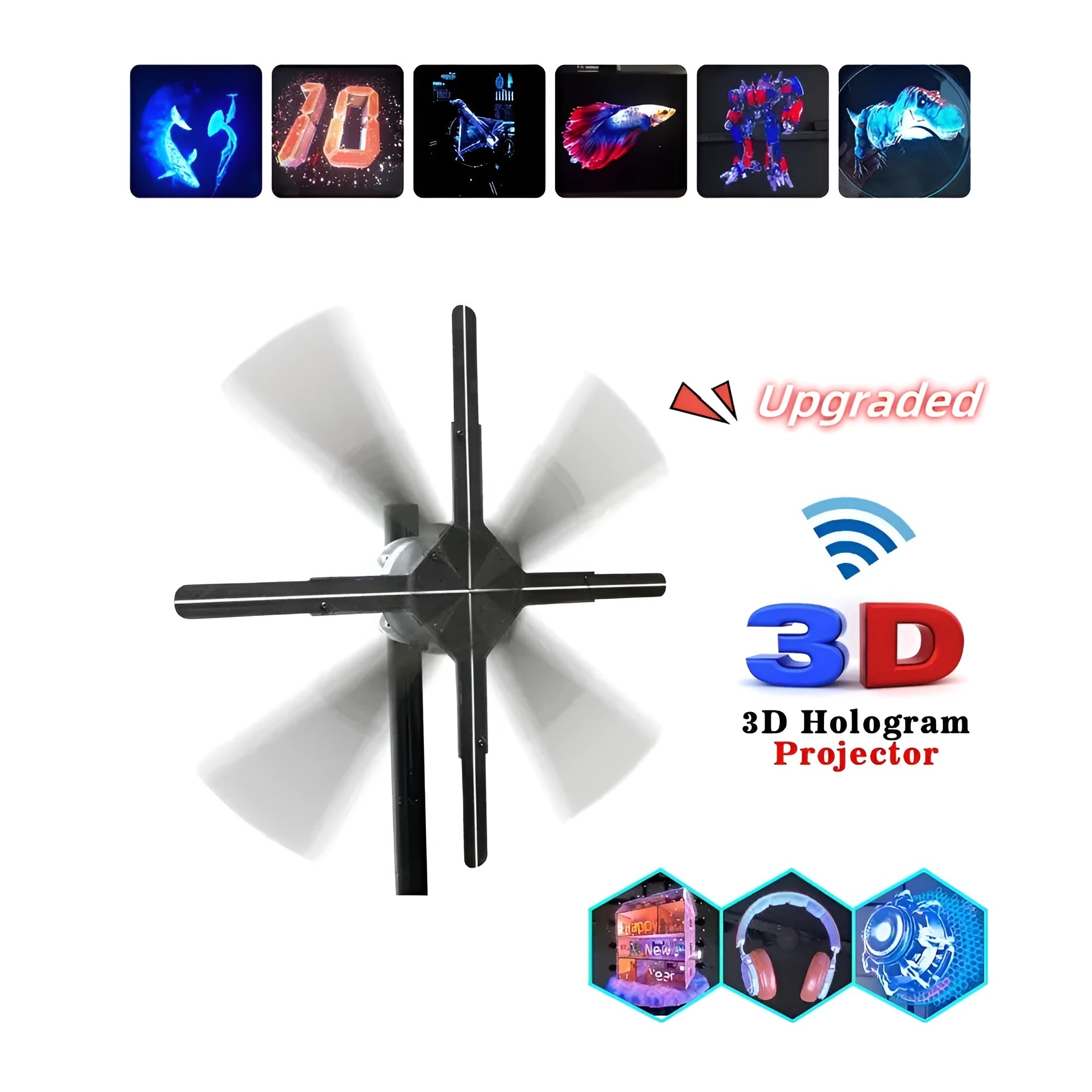 Naked eye 3D holographic advertising machine fan screen on a floor stand.