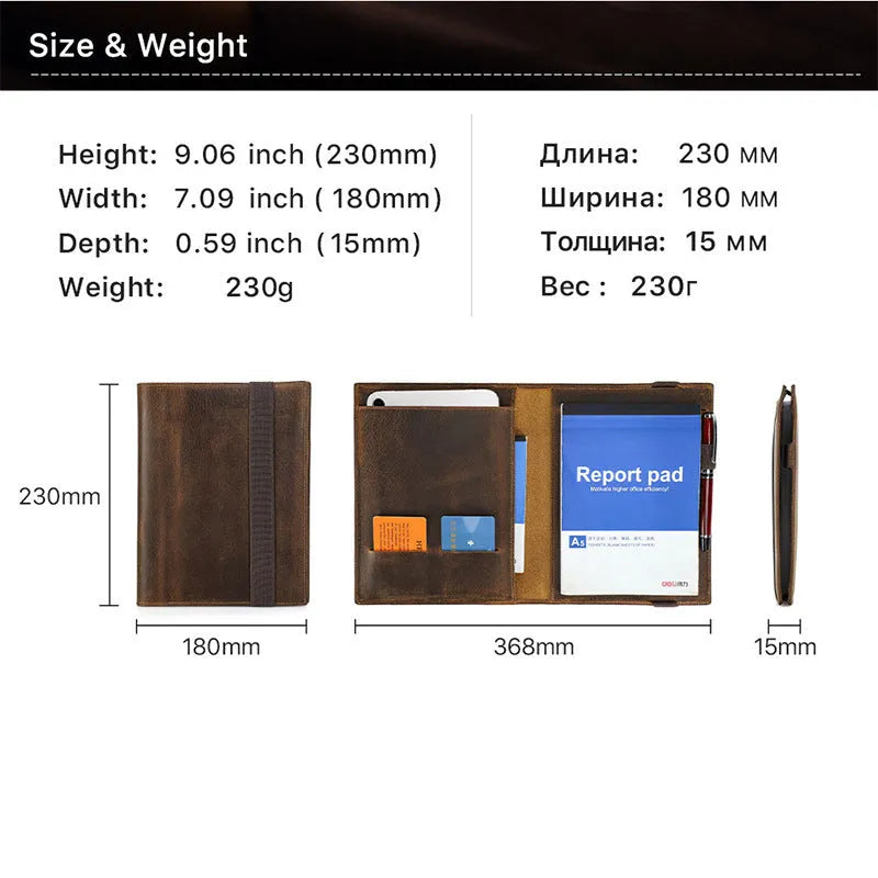 Brown Crazy Horse leather A5 notebook protective sleeve showing square shape and socket closure.