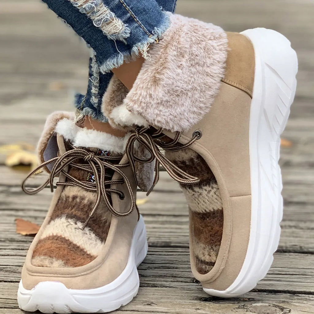 Women's lace-up snow boots with fuzzy lining and non-slip rubber soles in beige, black, and brown colours