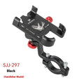 Aluminium alloy rotating bicycle phone holder in black mounted on handlebar with phone
