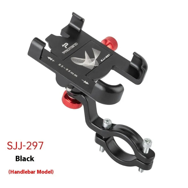 Aluminium alloy rotating bicycle phone holder in black mounted on handlebar with phone