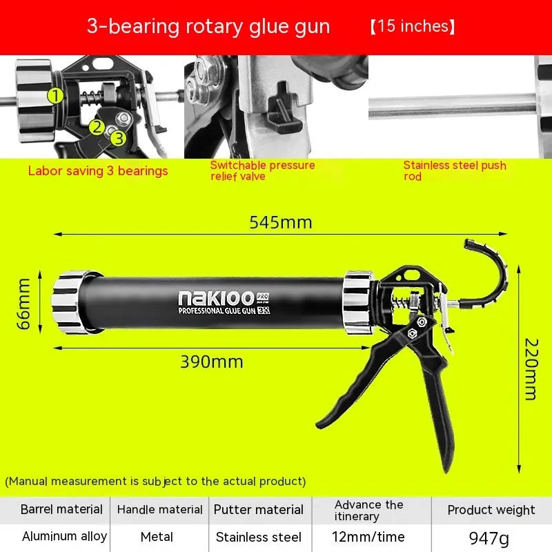 Aluminium alloy professional glue gun for silicone sealant and structural adhesive application.