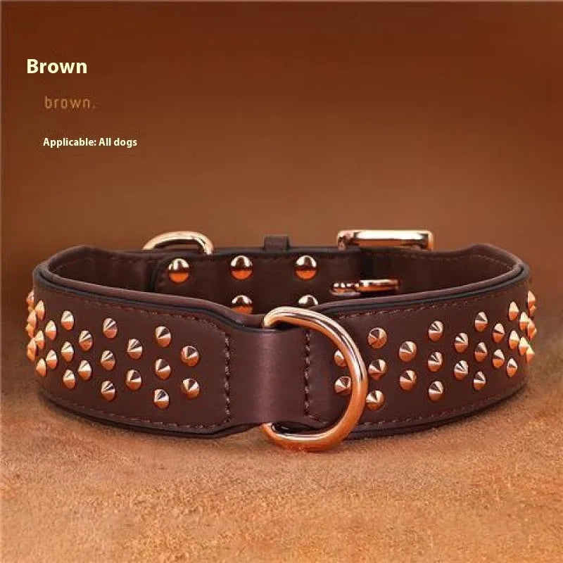 Leather dog collar with stainless steel rivets in black, chocolate, and pink colour options.