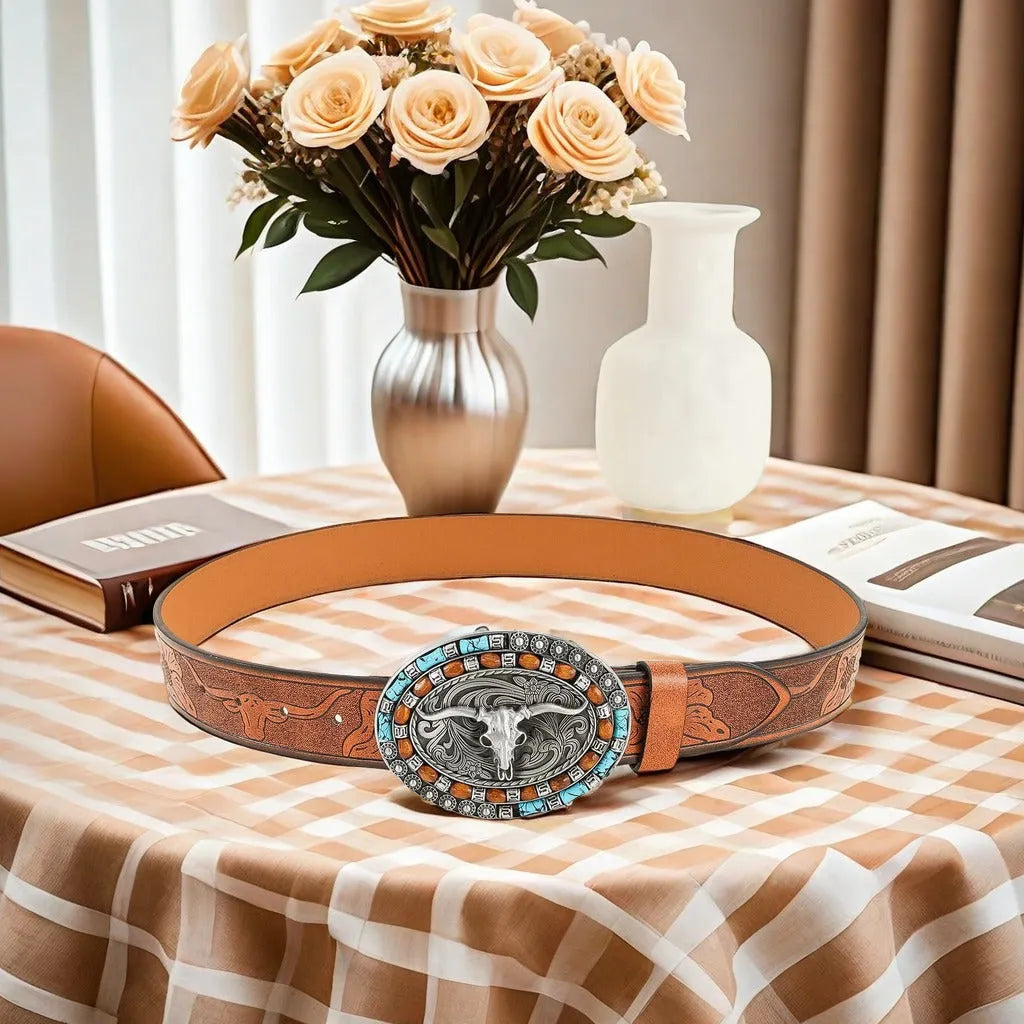 Men's belt with detailed cow head alloy buckle on imitation leather strap with pin buckle fastening