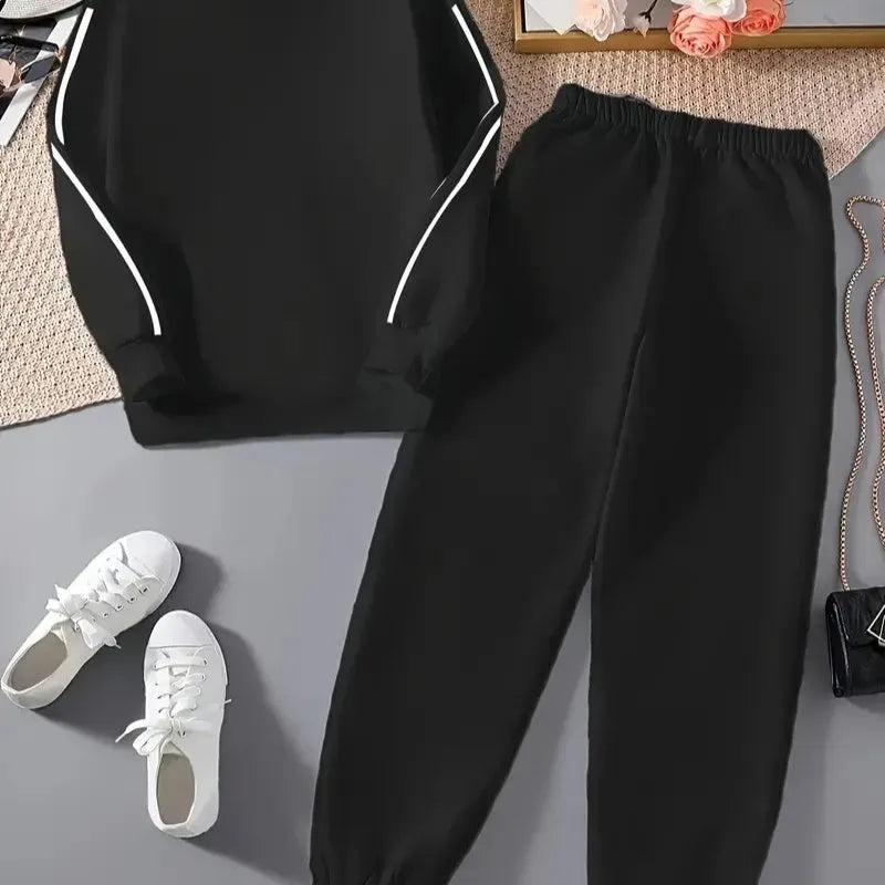 Women's casual suit with black round-neck top and matching polyester trousers, long sleeves, contrast-colour detailing