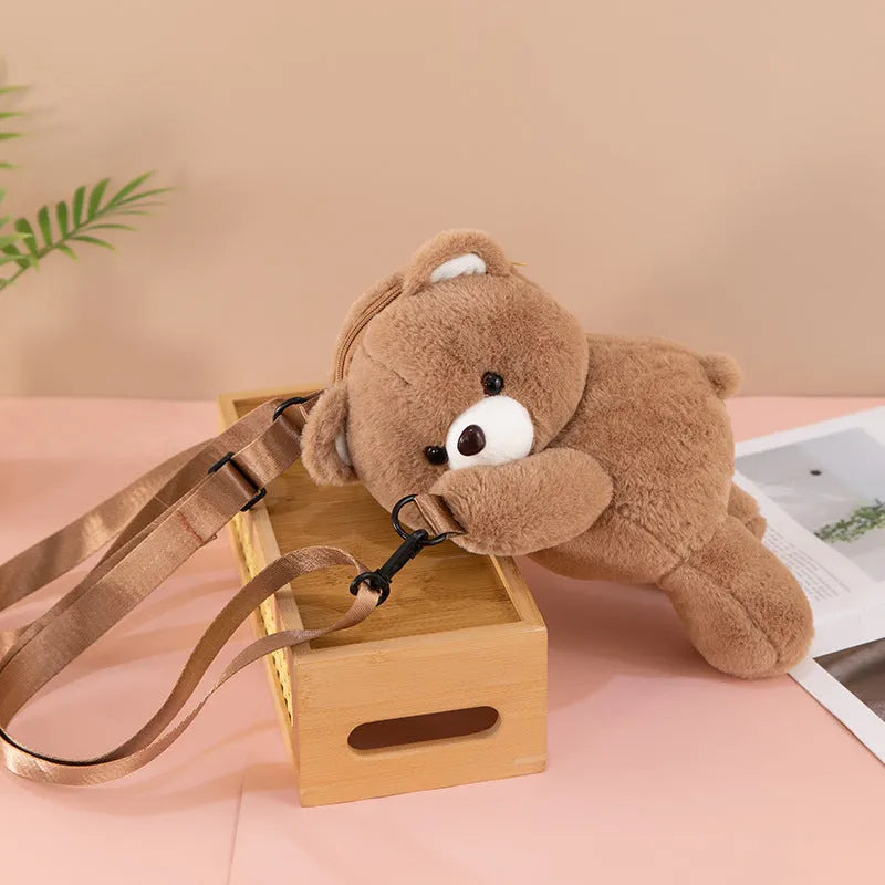 Cartoon bear lying-down plush doll crossbody bag in solid colour with airpillow straps