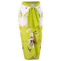 Women's blue fairy print one-piece jumpsuit swimsuit with matching long skirt on a mannequin.