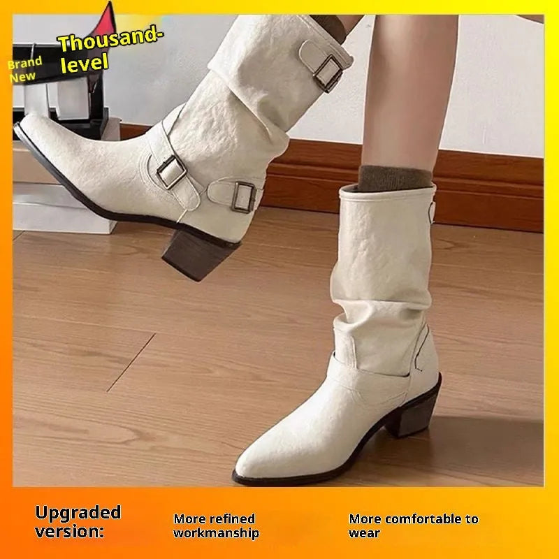 Women's mid-calf pointed toe chunky heel boots in white or khaki with PU upper and belt buckle detail