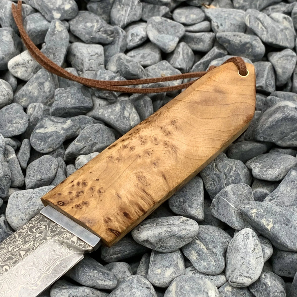 White Shadow short knife with Damascus pattern blade and wood handle for outdoor camping