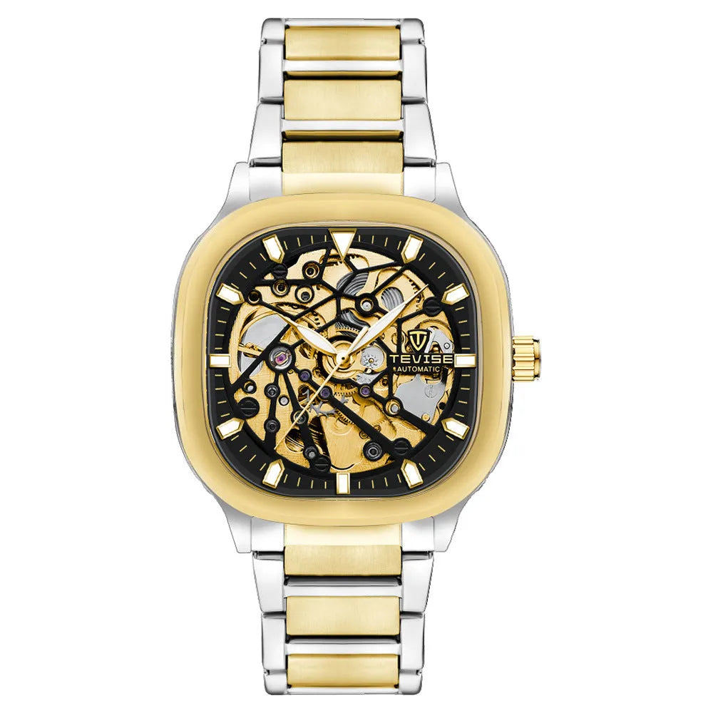 Men's square automatic waterproof watch with luminous dial on a stainless steel strap.